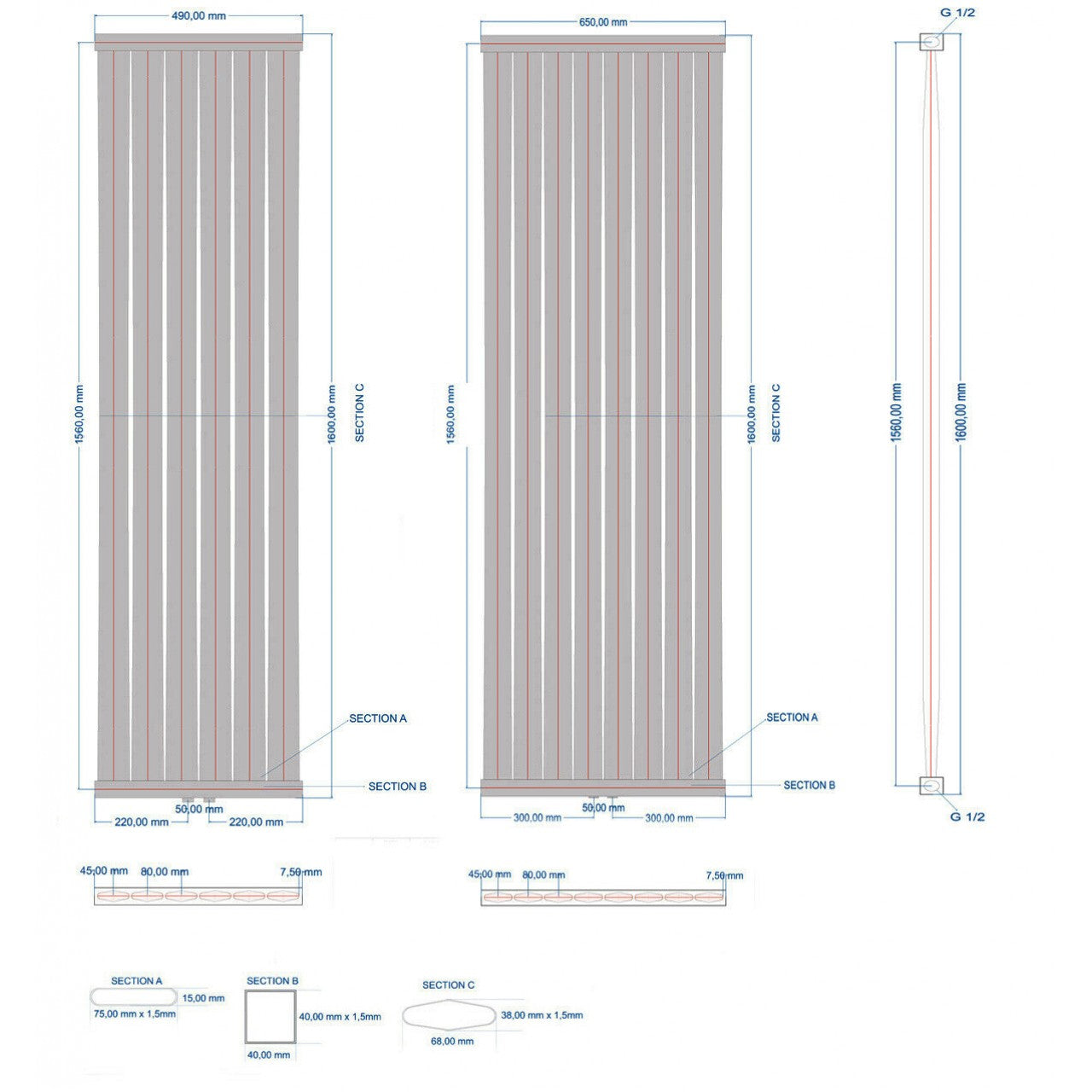 Панелен радиатор Radfin Diamond 1800x650 мм | Бял (RAL 9016) | Странично свързване