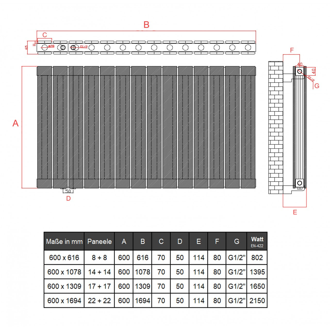 600x1078 Alu Doppellagig Paneelheizkörper Flach Aluminium Vertikal Wandheizkörper Anthrazit