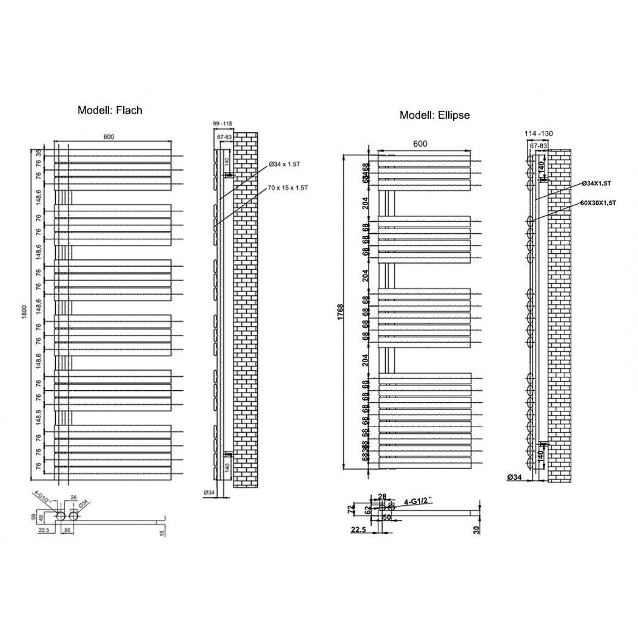 Дизайнерски елипсовиден радиатор за баня 1768x600 мм | Лира | Антрацит