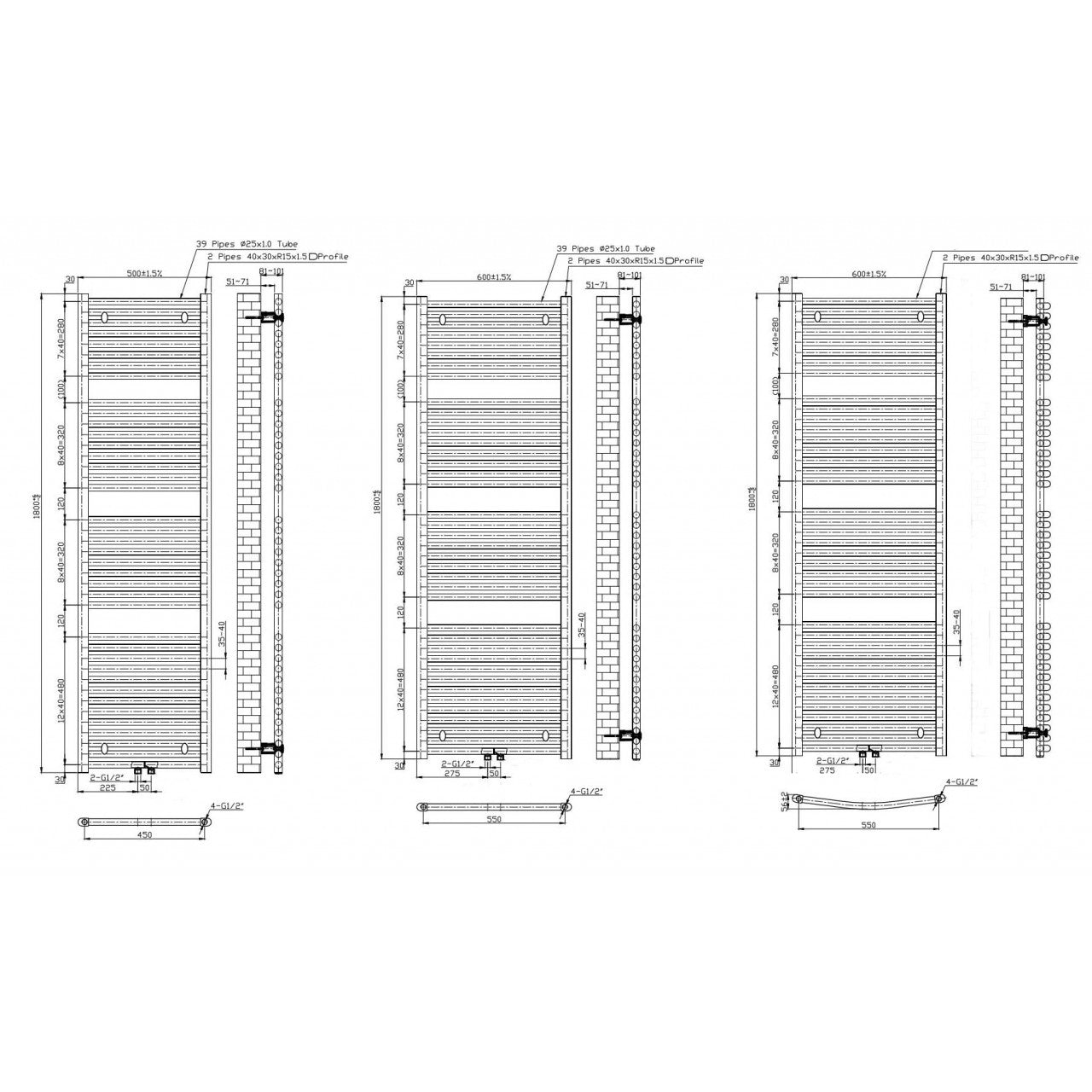 Лира за баня 1600x500 мм | Бял (RAL 9016) | Прав профил | Средно и странично свързване