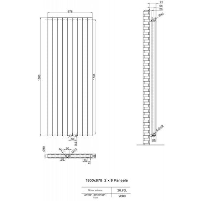 Design Heizkörper Flachheizkörper Badheizkörper Mittelanschluss 1800 x 678 Weiss
