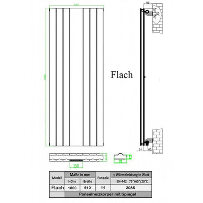 Design Spiegel Doppellagig Badheizkörper Weiß Mittelanschluss 1800x553x95